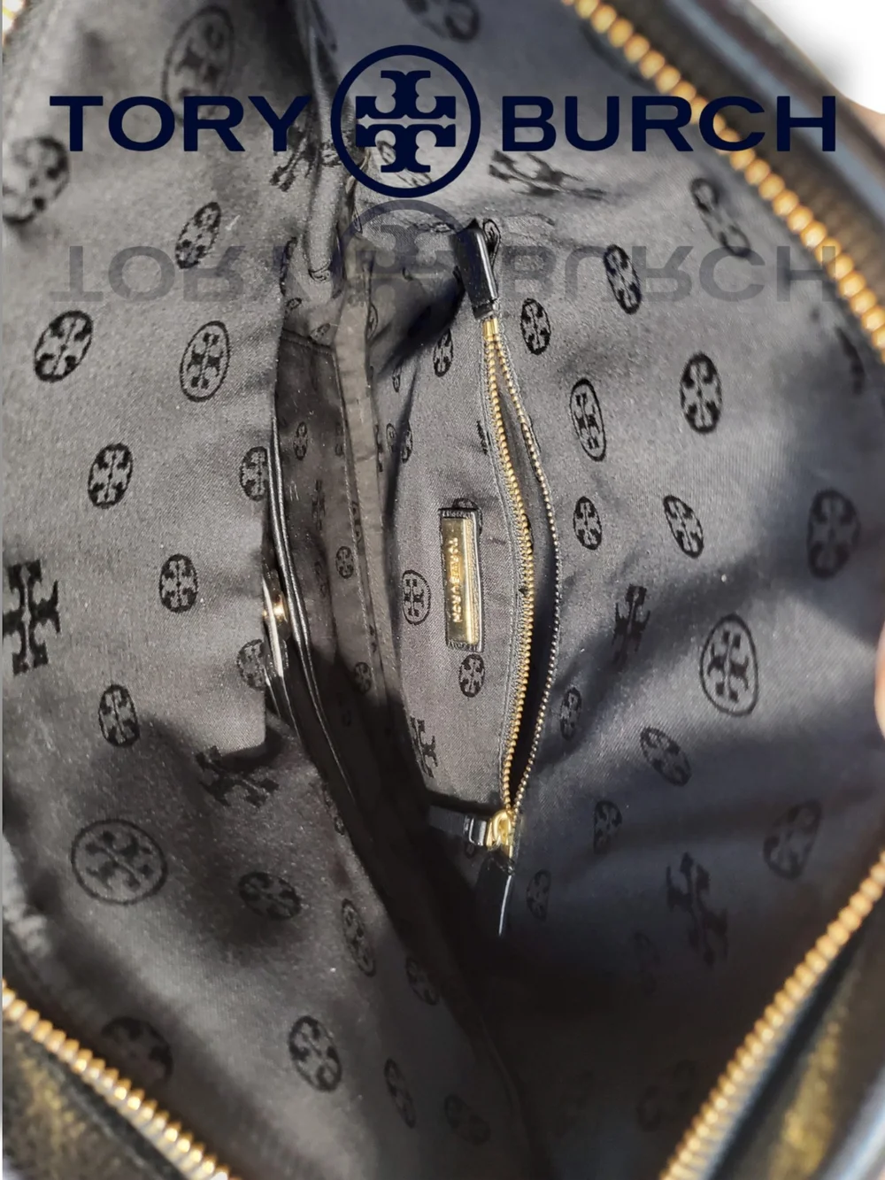 Tory Burch Black Pebbled Leather Amanda Foldover 2 Way Crossbody Messenger Bag